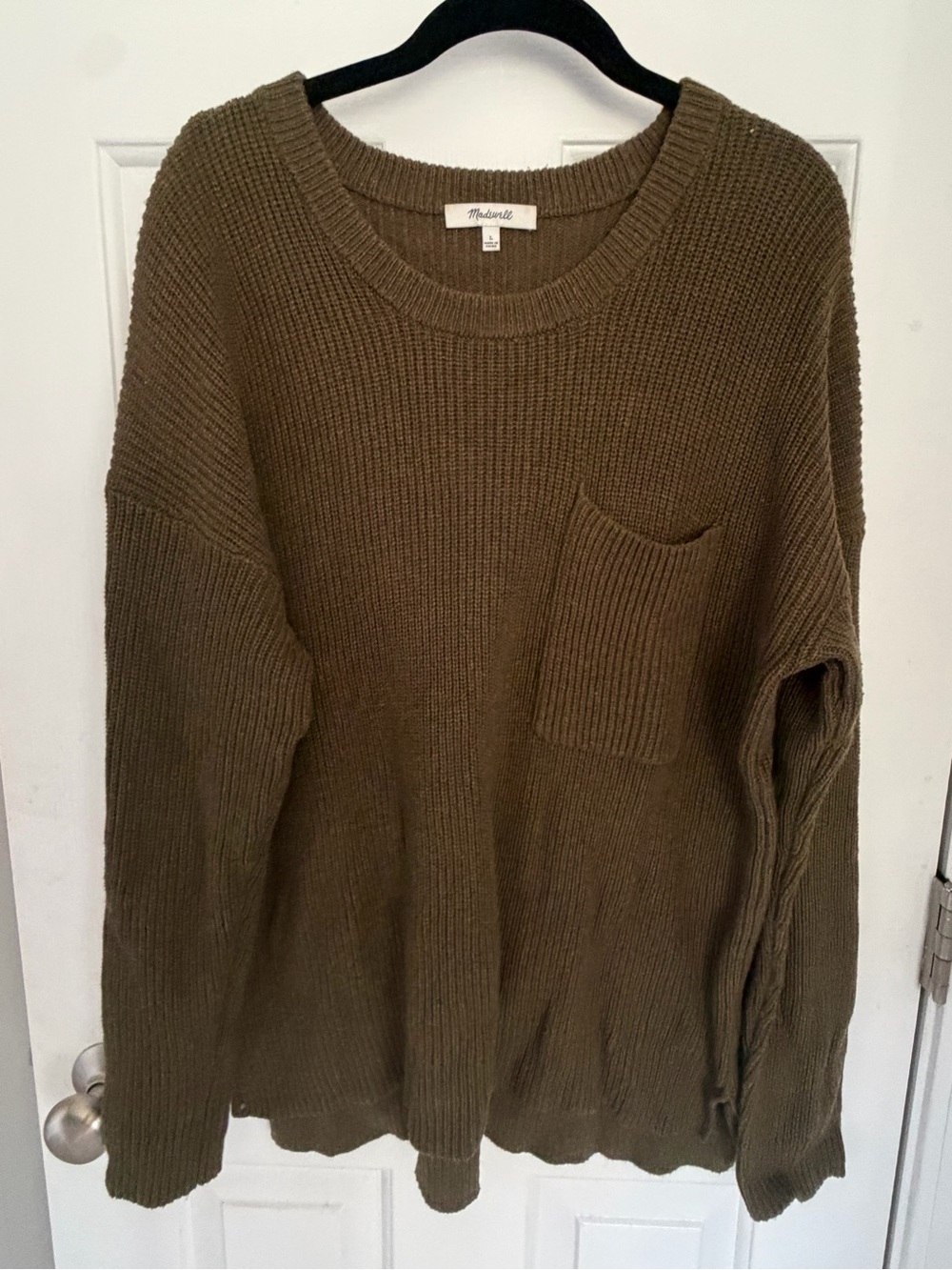 Madewell Olive Green Chunky Knit Crewneck Pocket Sweater Size Large